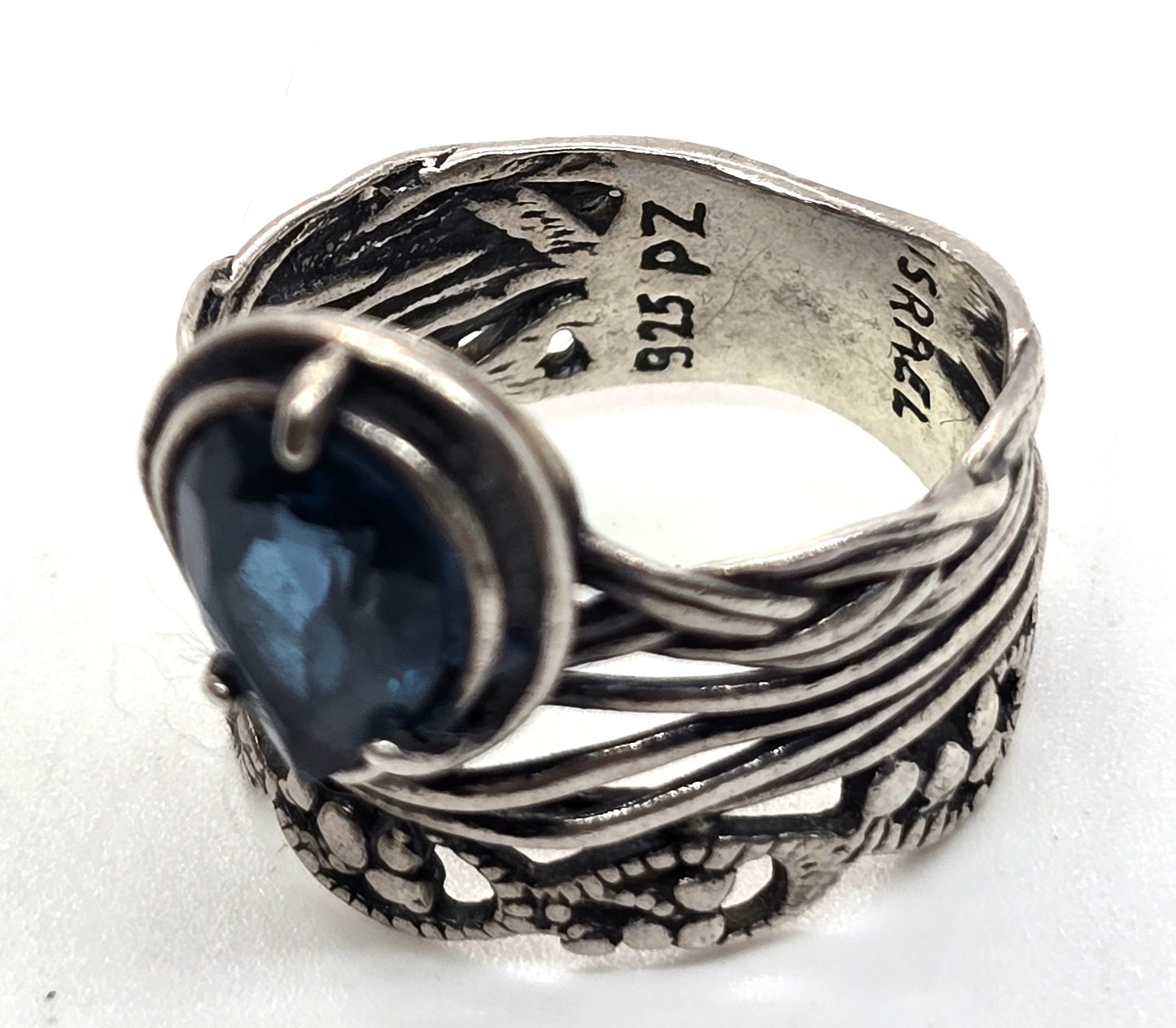 Or Paz PZ Israel Hammered Sterling Silver pear cut blue topaz ring size 7
