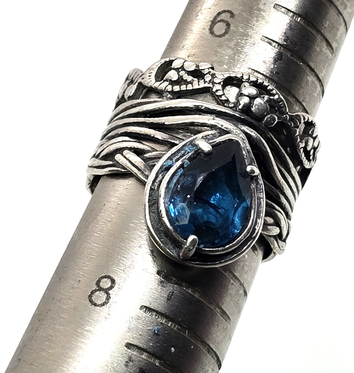 Or Paz PZ Israel Hammered Sterling Silver pear cut blue topaz ring size 7