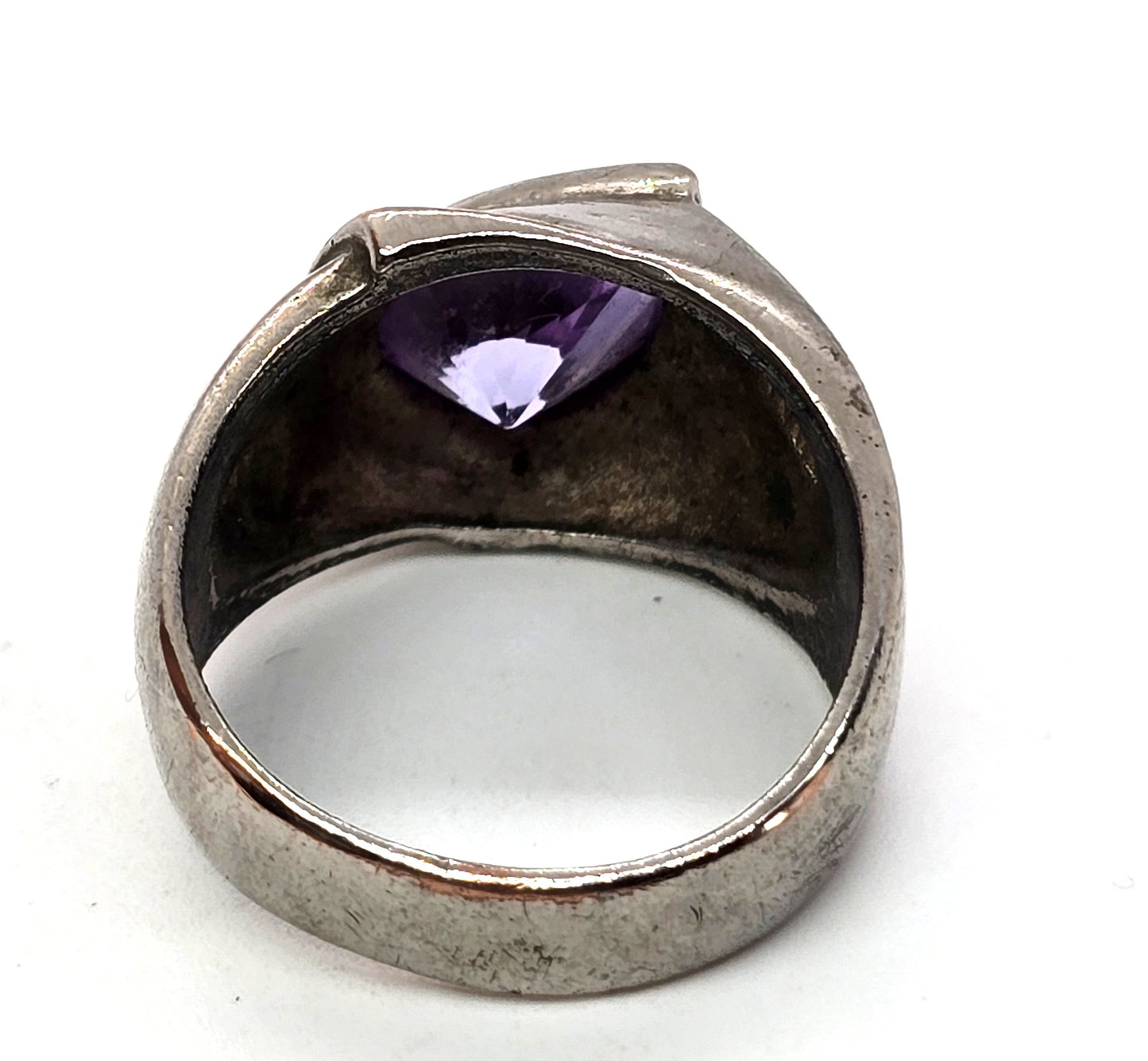 Amethyst purple gemstone pear cut retro sterling silver thick ring size 7.5