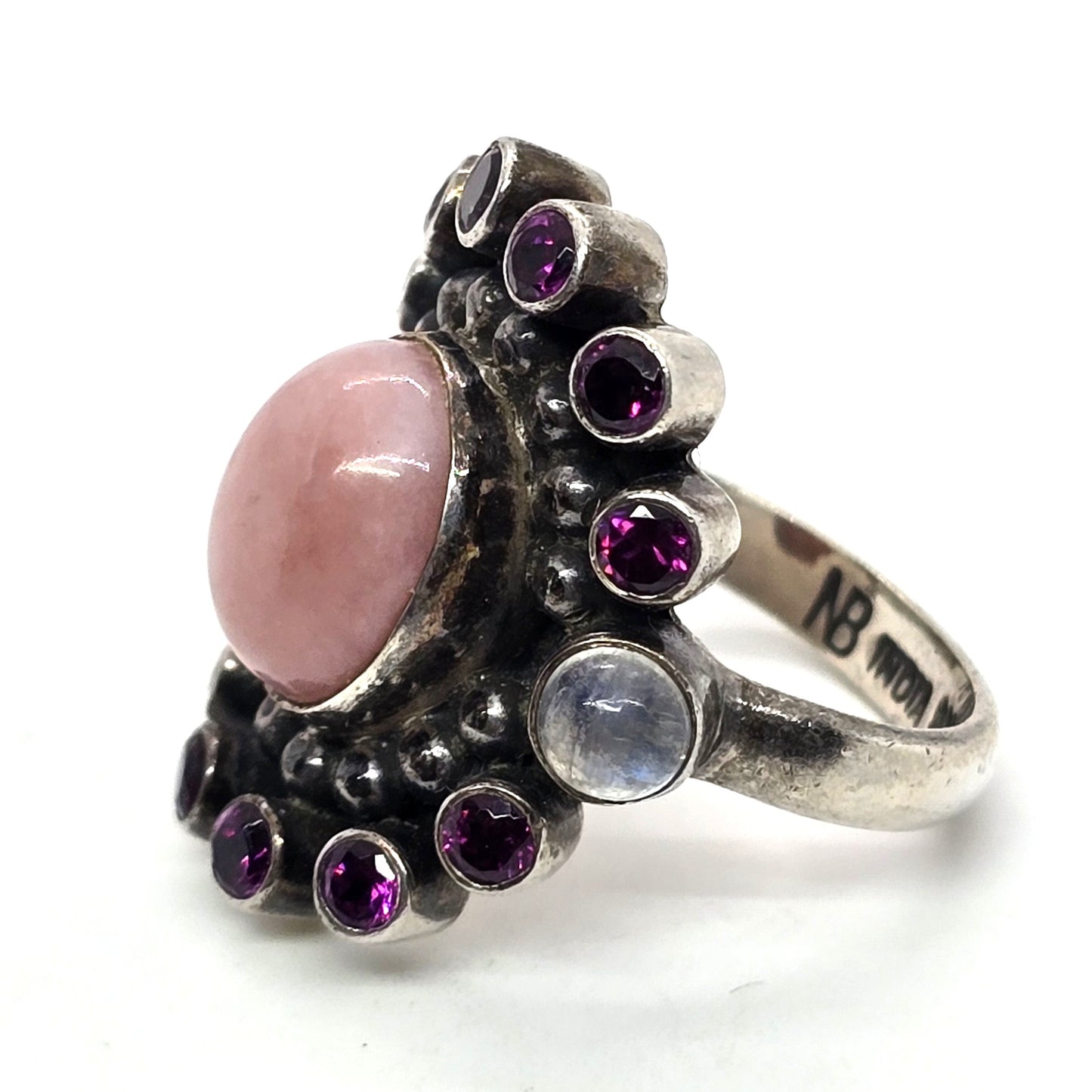 Nicky Butler NB moonstone faceted pink opal, tourmaline sterling silver ring size 7.5