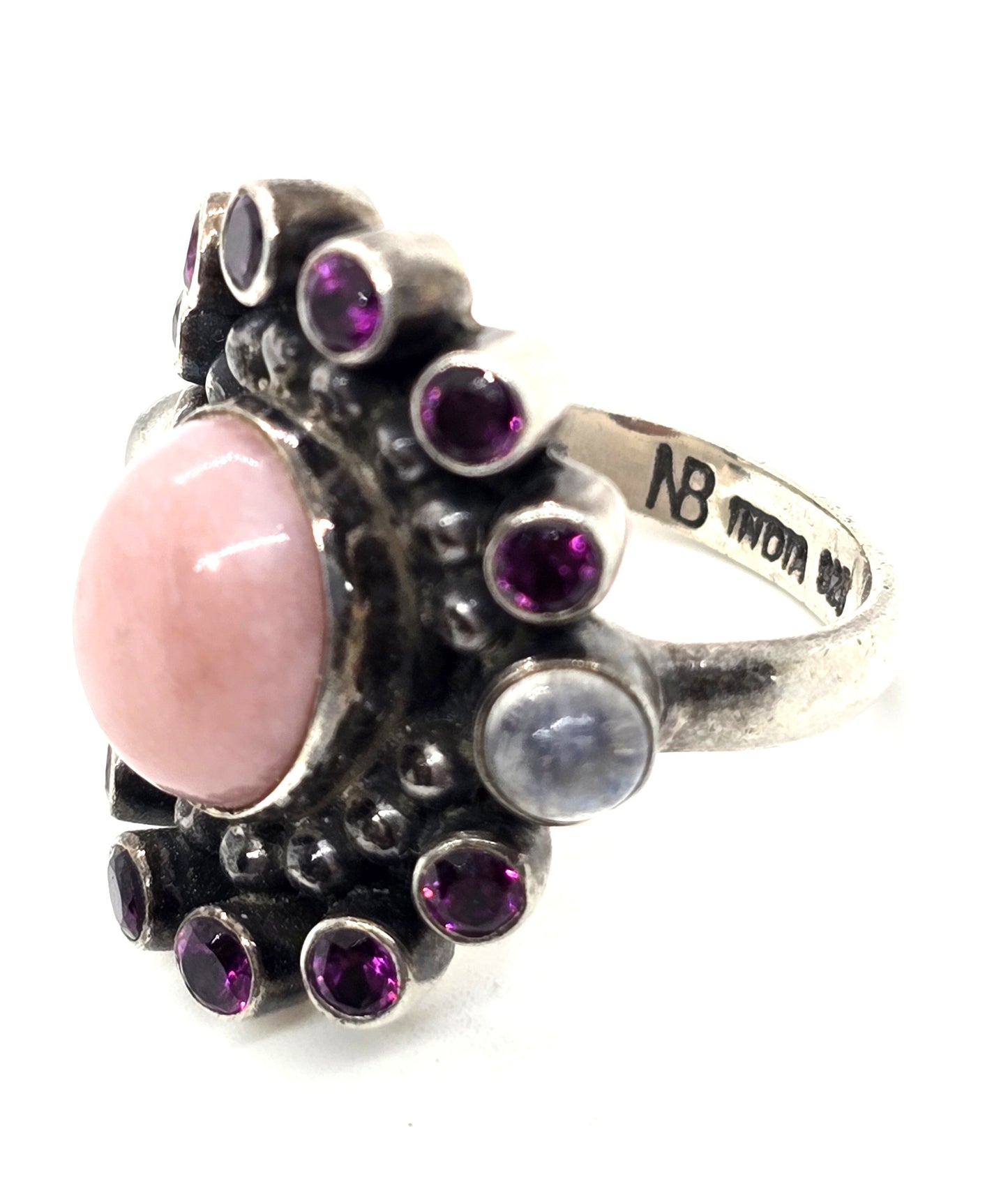 Nicky Butler NB moonstone faceted pink opal, tourmaline sterling silver ring size 7.5