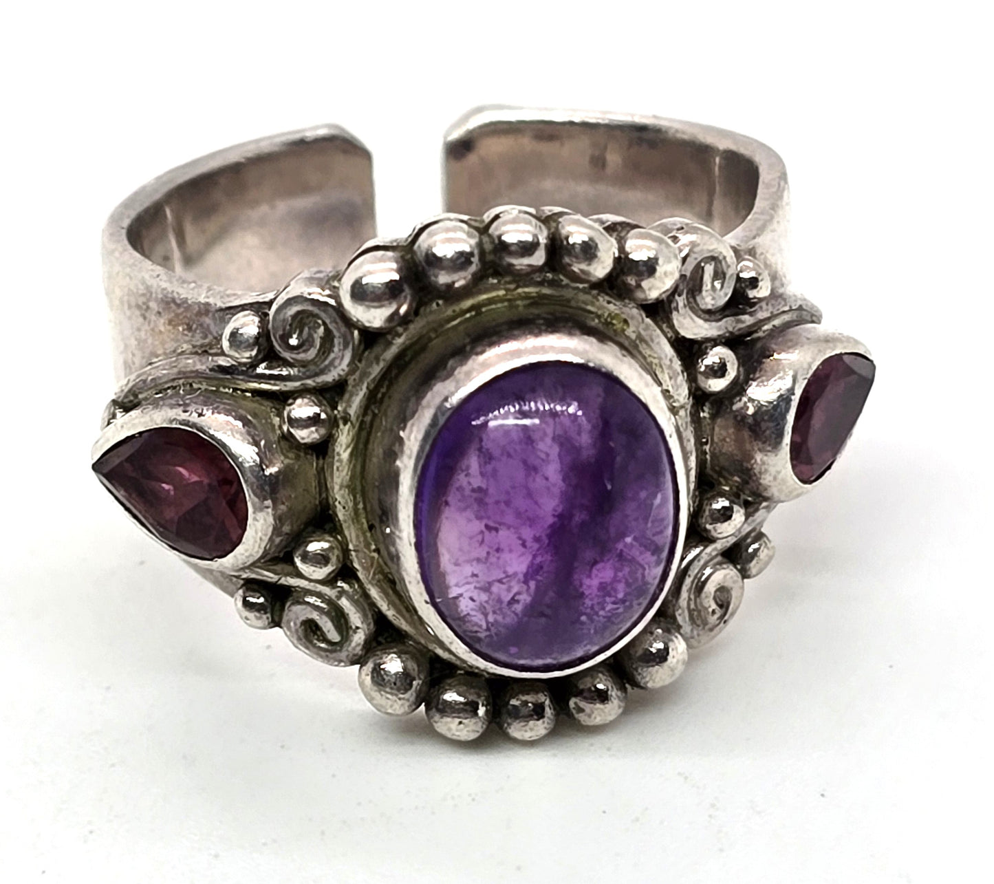 Sajen Garnet Amethyst Balinese large vintage adjustable ring size 8