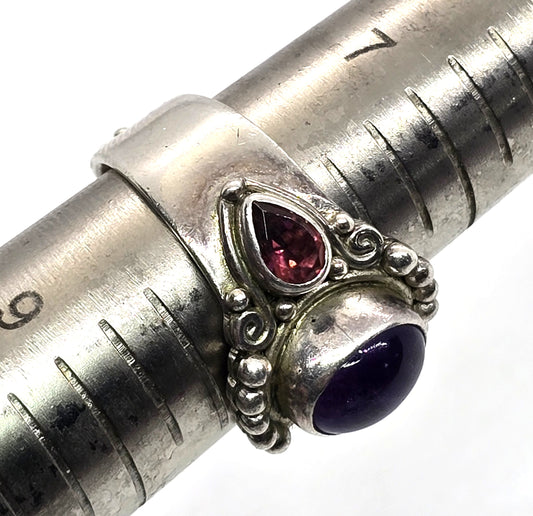 Sajen Garnet Amethyst Balinese large vintage adjustable ring size 8