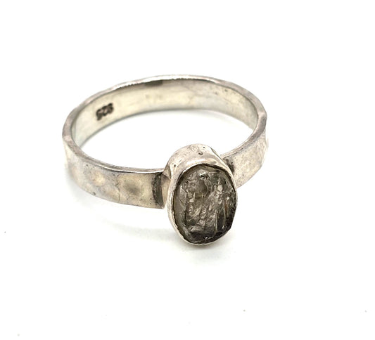 Tektite Raw Meteorite glass rare sterling silver bezel set hammered band ring size 8