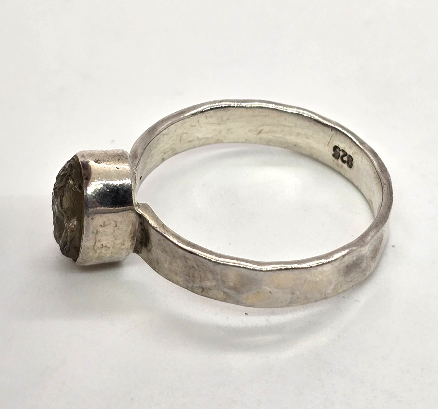 Tektite Raw Meteorite glass rare sterling silver bezel set hammered band ring size 8