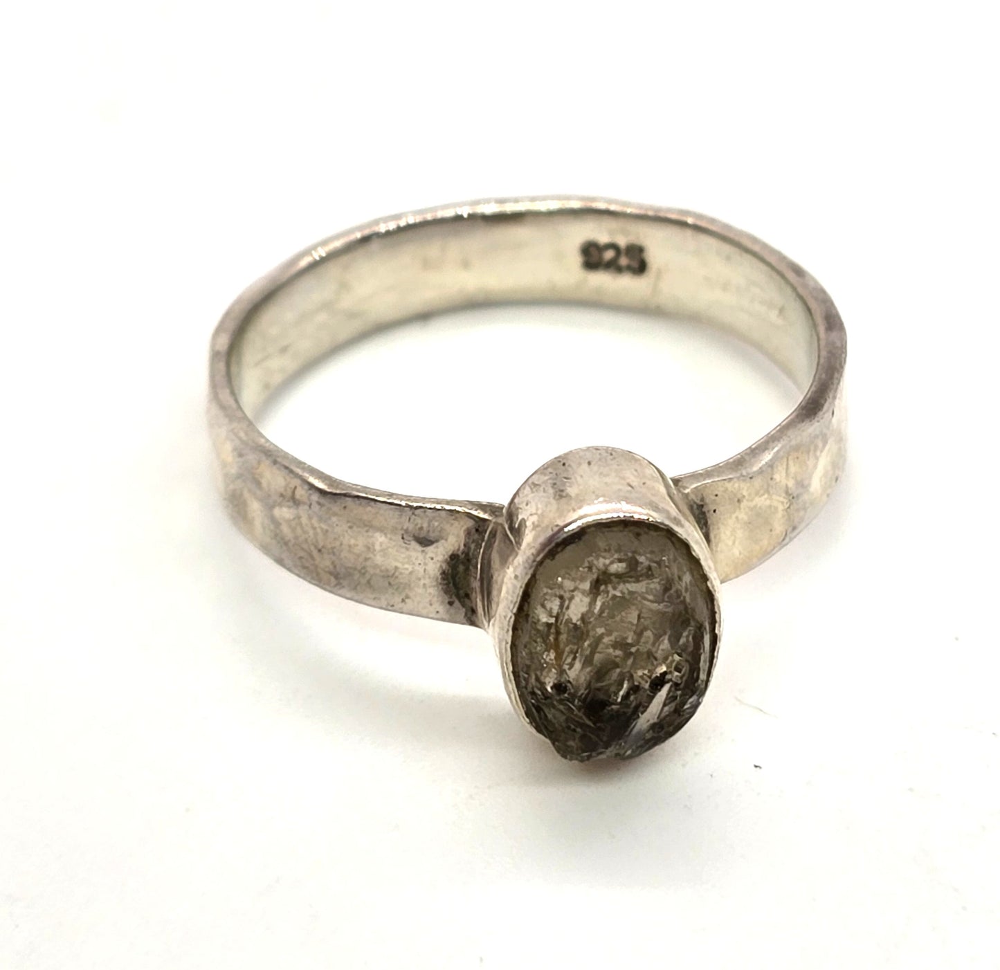 Tektite Raw Meteorite glass rare sterling silver bezel set hammered band ring size 8