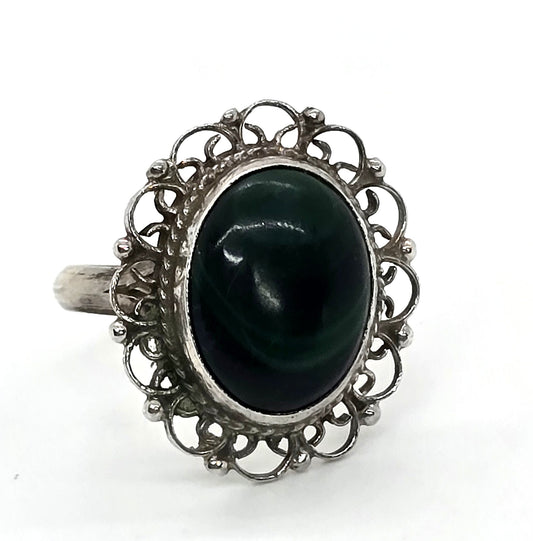 Malachite Dark green Mexican vintage filigree sterling silver ring size 7
