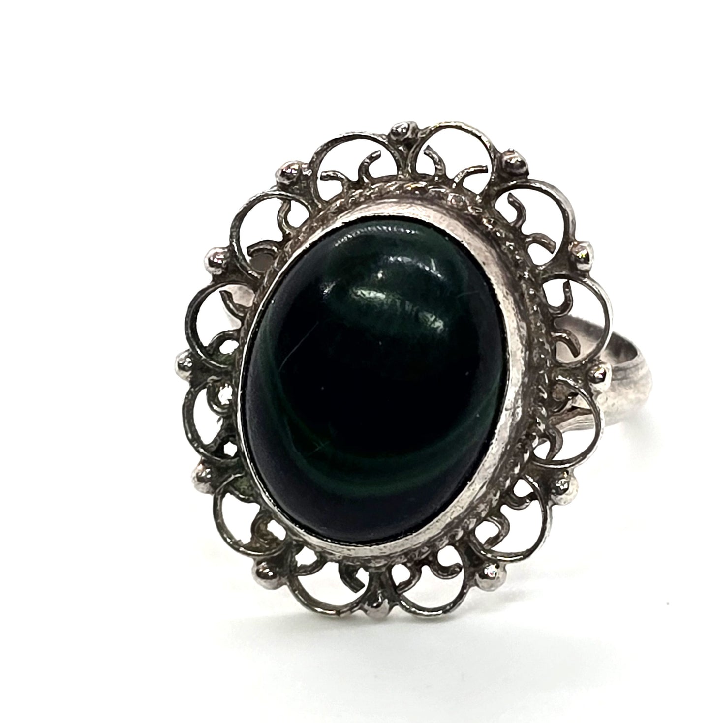 Malachite Dark green Mexican vintage filigree sterling silver ring size 7