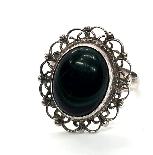 Malachite Dark green Mexican vintage filigree sterling silver ring size 7
