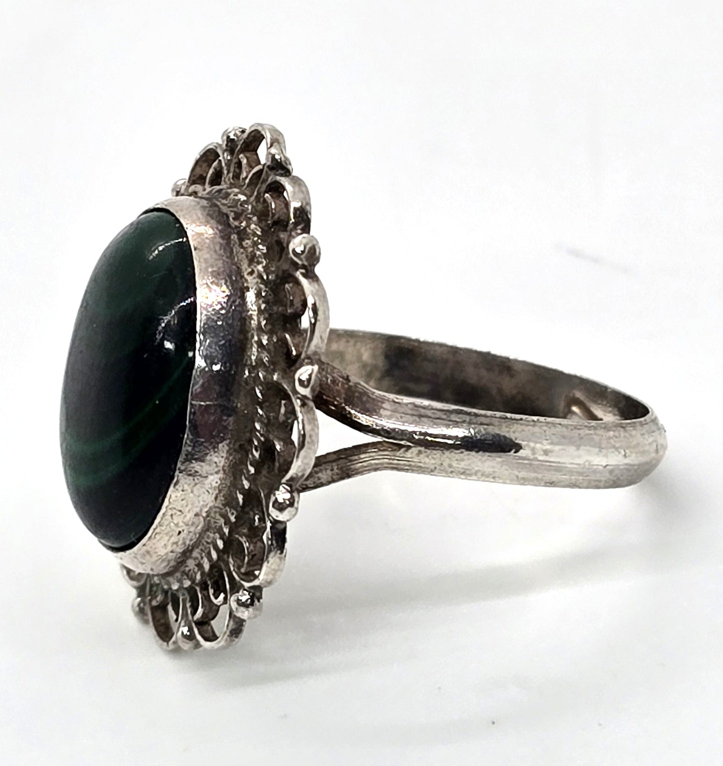 Malachite Dark green Mexican vintage filigree sterling silver ring size 7