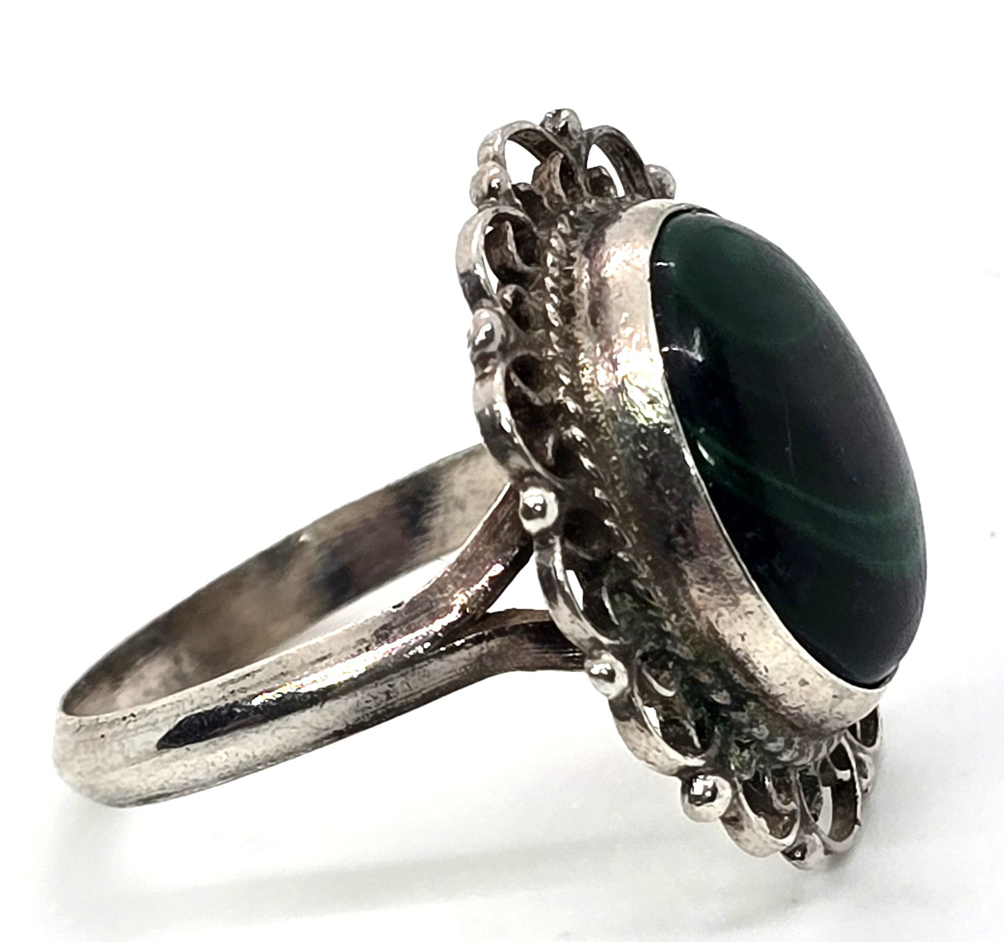 Malachite Dark green Mexican vintage filigree sterling silver ring size 7