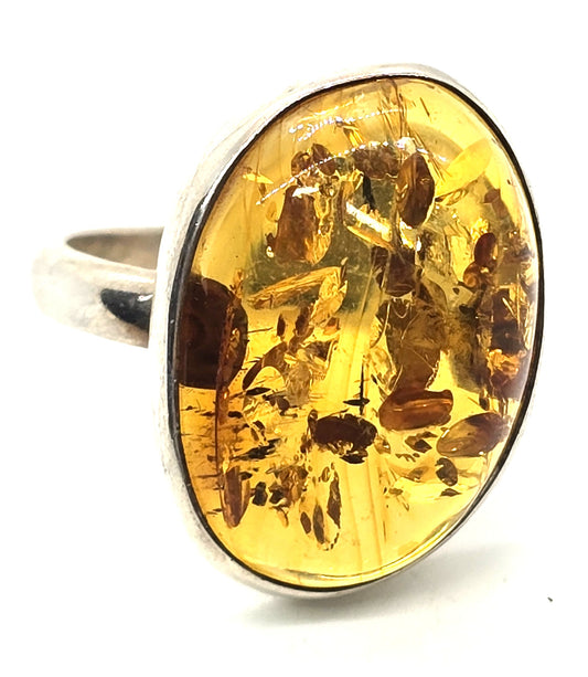 Baltic Amber vintage large open work Polish sterling silver ring size 9