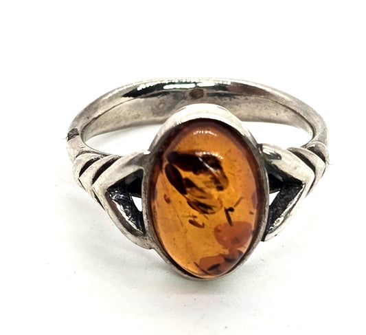 Baltic Amber vintage open work Polish sterling silver ring size 7.25