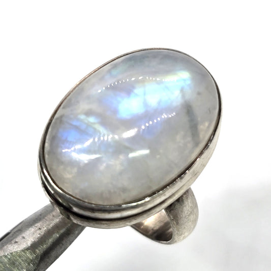 Blue Moonstone large open work solid sterling silver vintage ring size 9