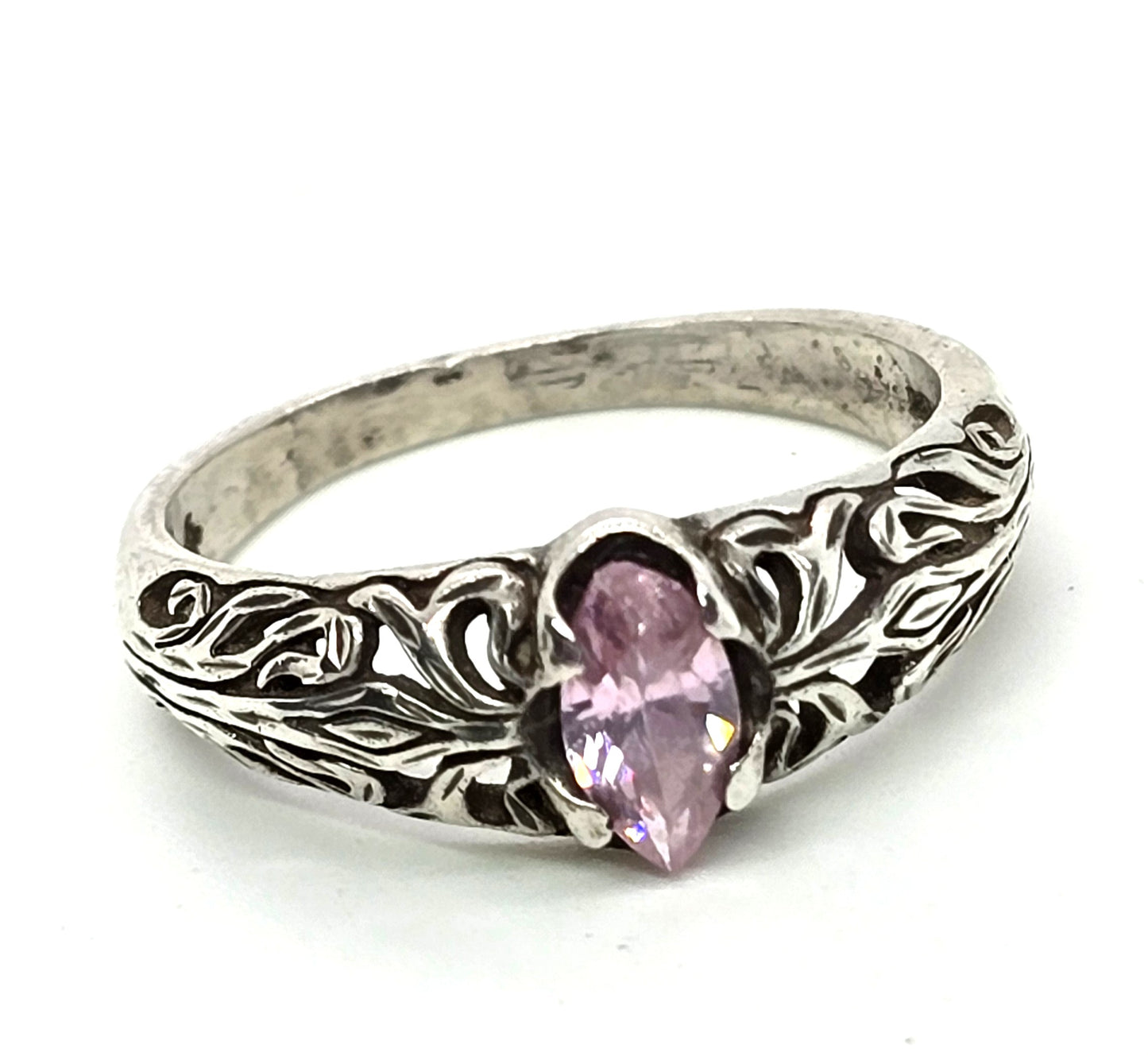 Marquis cut pink Cubic Zirconia filigree scroll vintage sterling silver ring size 7.5
