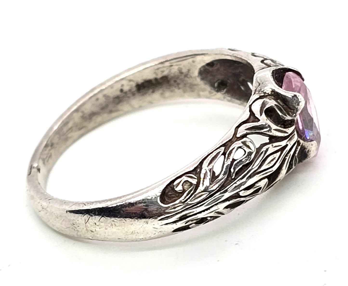 Marquis cut pink Cubic Zirconia filigree scroll vintage sterling silver ring size 7.5