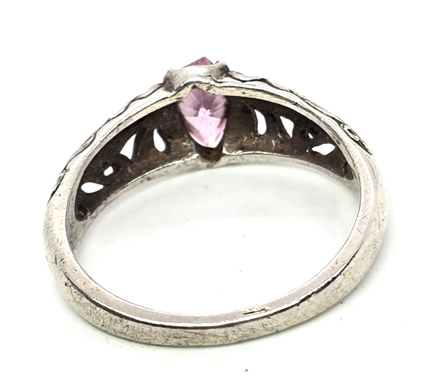 Marquis cut pink Cubic Zirconia filigree scroll vintage sterling silver ring size 7.5