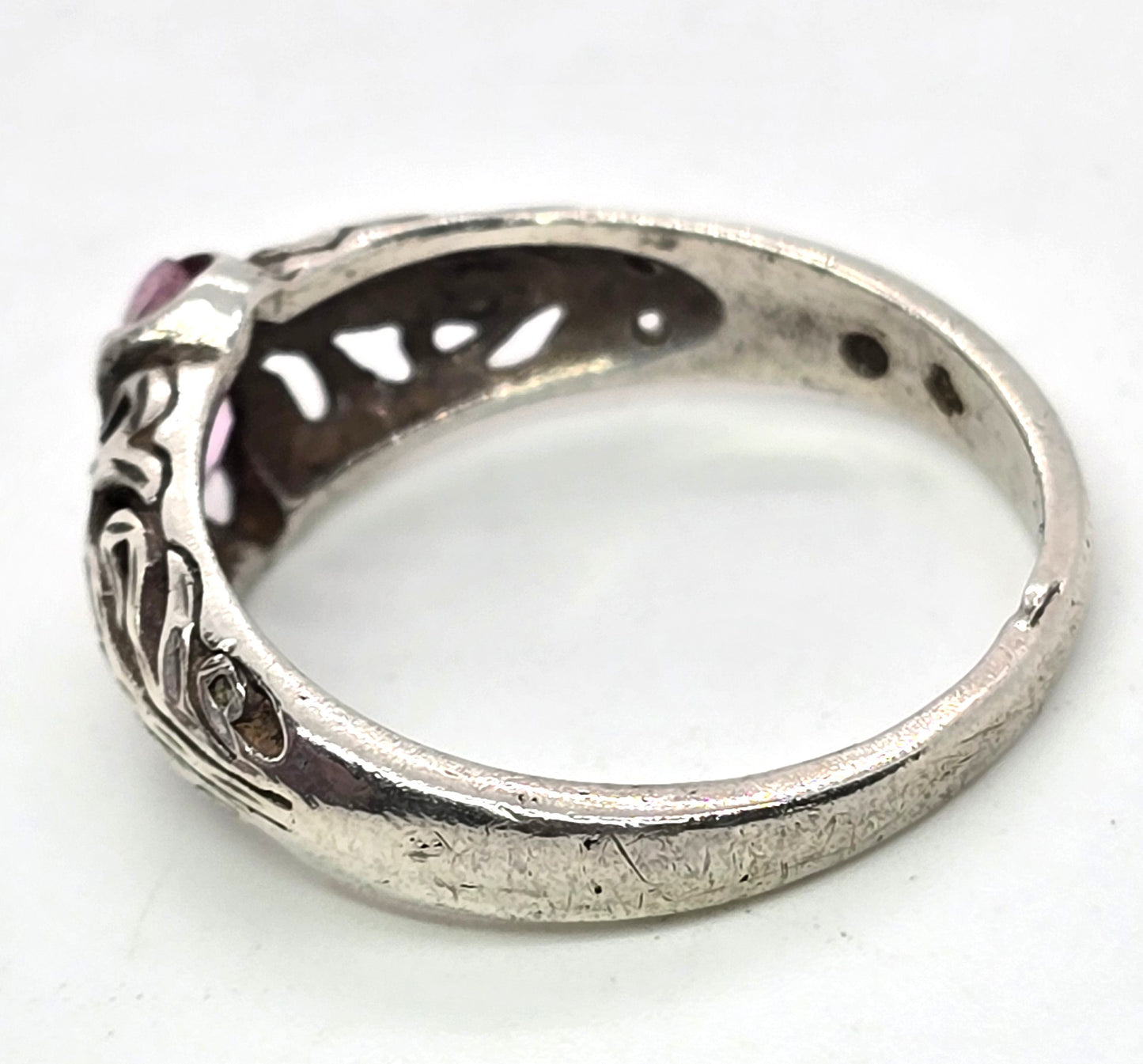 Marquis cut pink Cubic Zirconia filigree scroll vintage sterling silver ring size 7.5