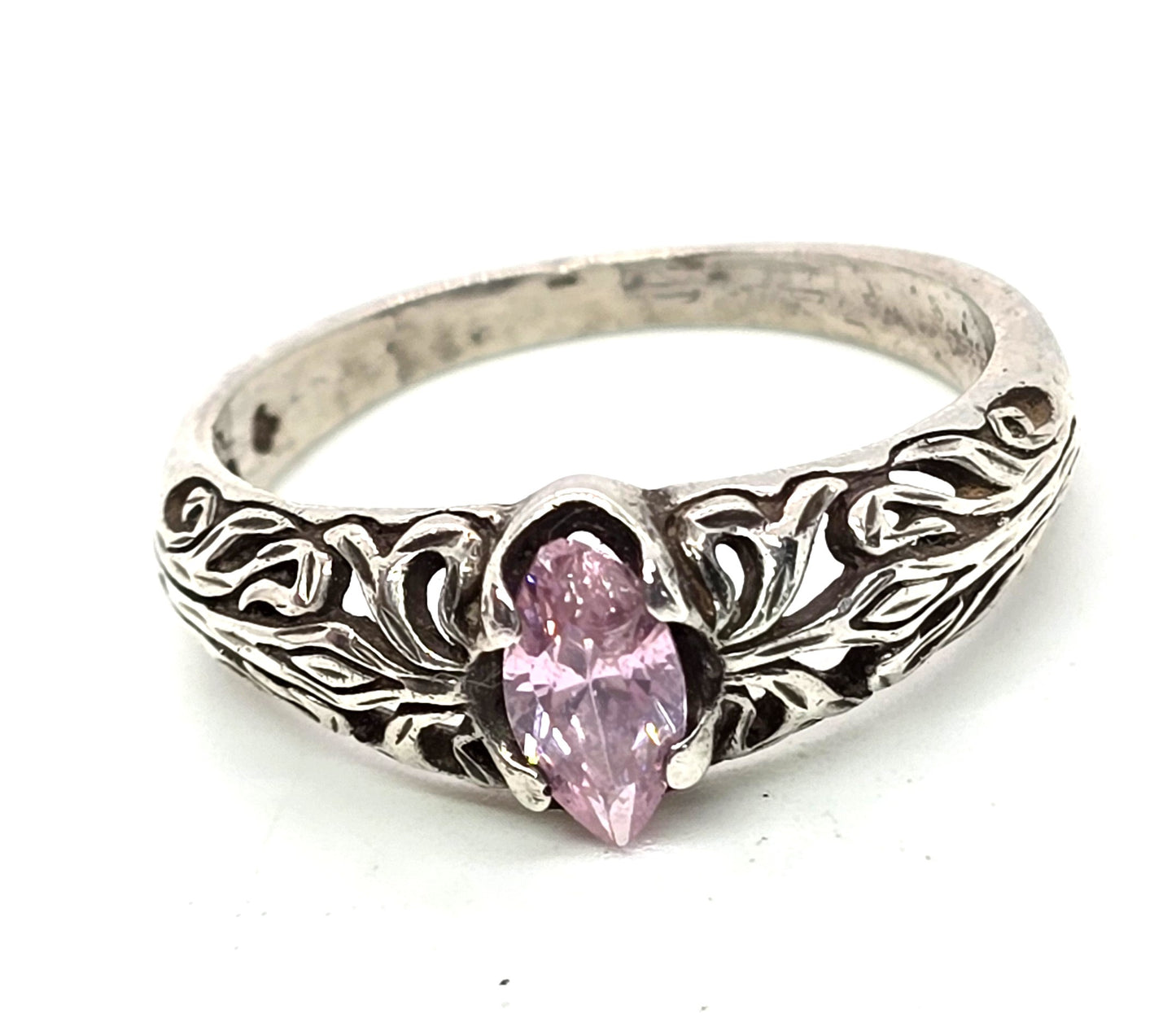 Marquis cut pink Cubic Zirconia filigree scroll vintage sterling silver ring size 7.5