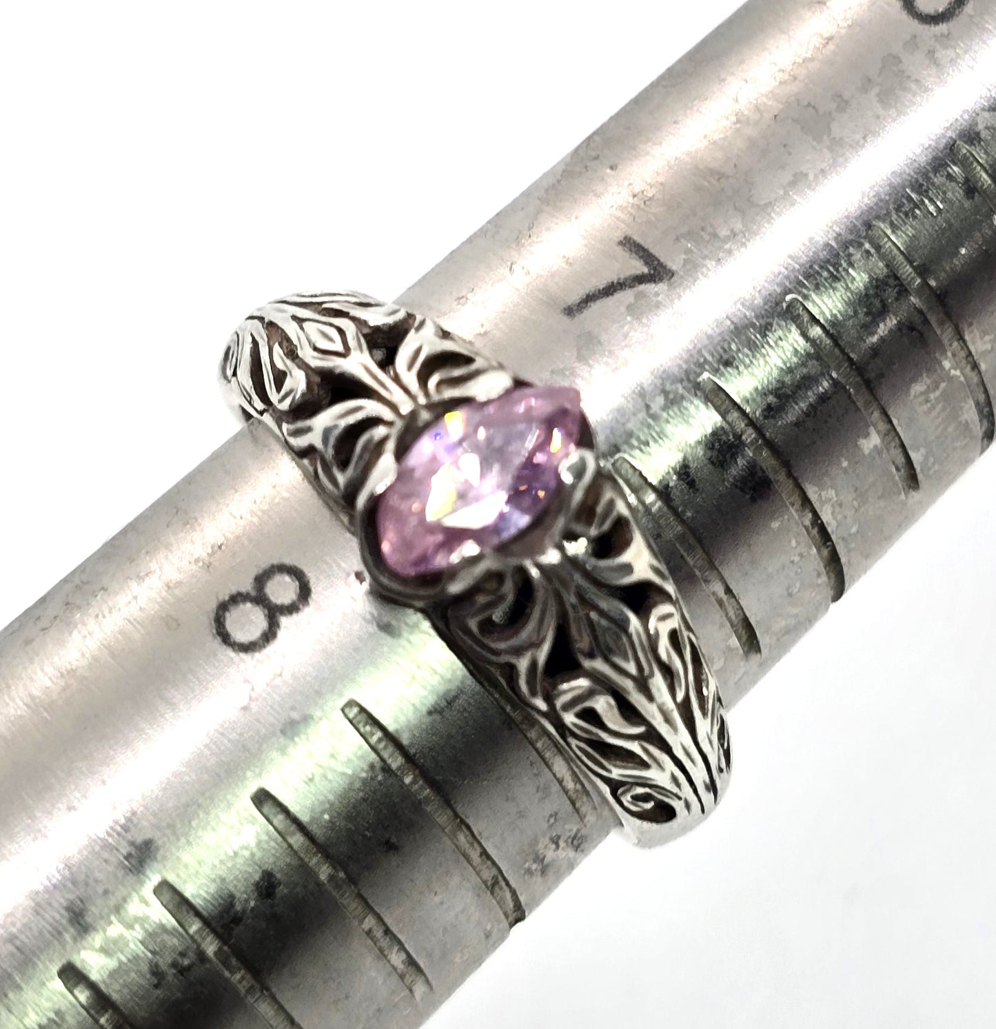 Marquis cut pink Cubic Zirconia filigree scroll vintage sterling silver ring size 7.5