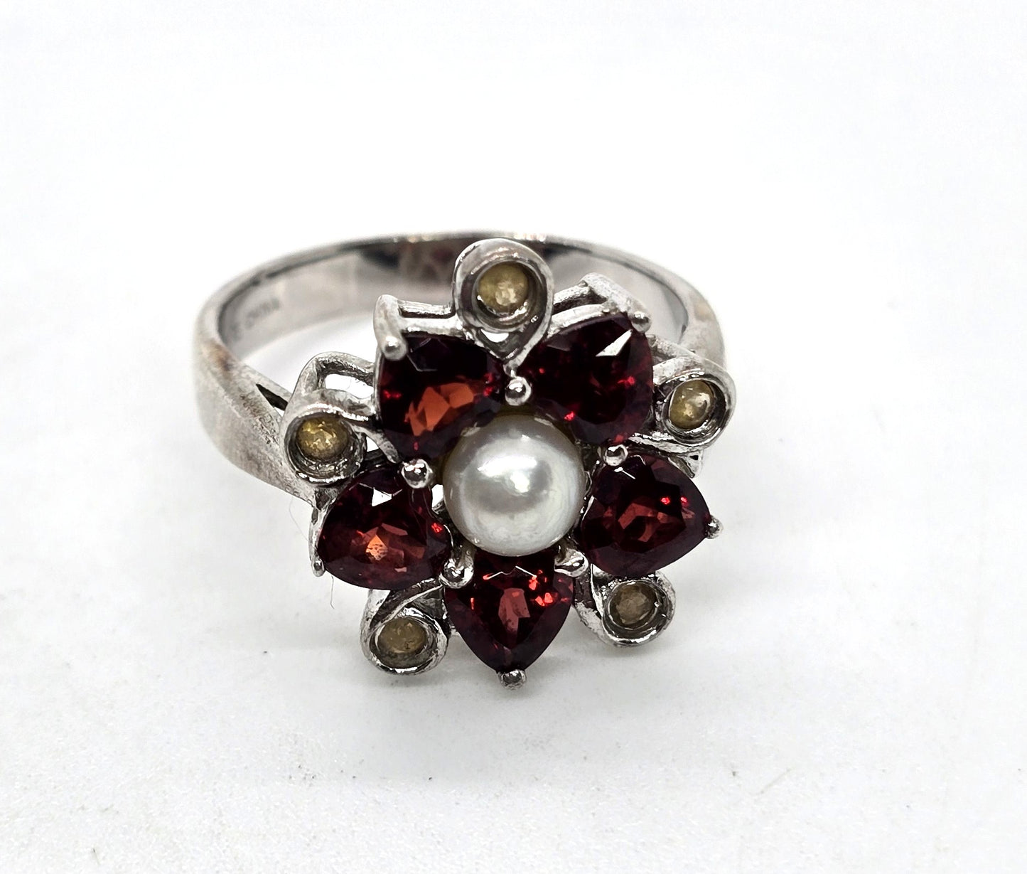 Ross Simmons Garnet red flower pearl Citrine vintage sterling silver ring size 10