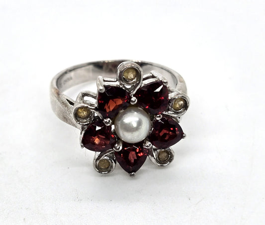 Ross Simmons Garnet red flower pearl Citrine vintage sterling silver ring size 10