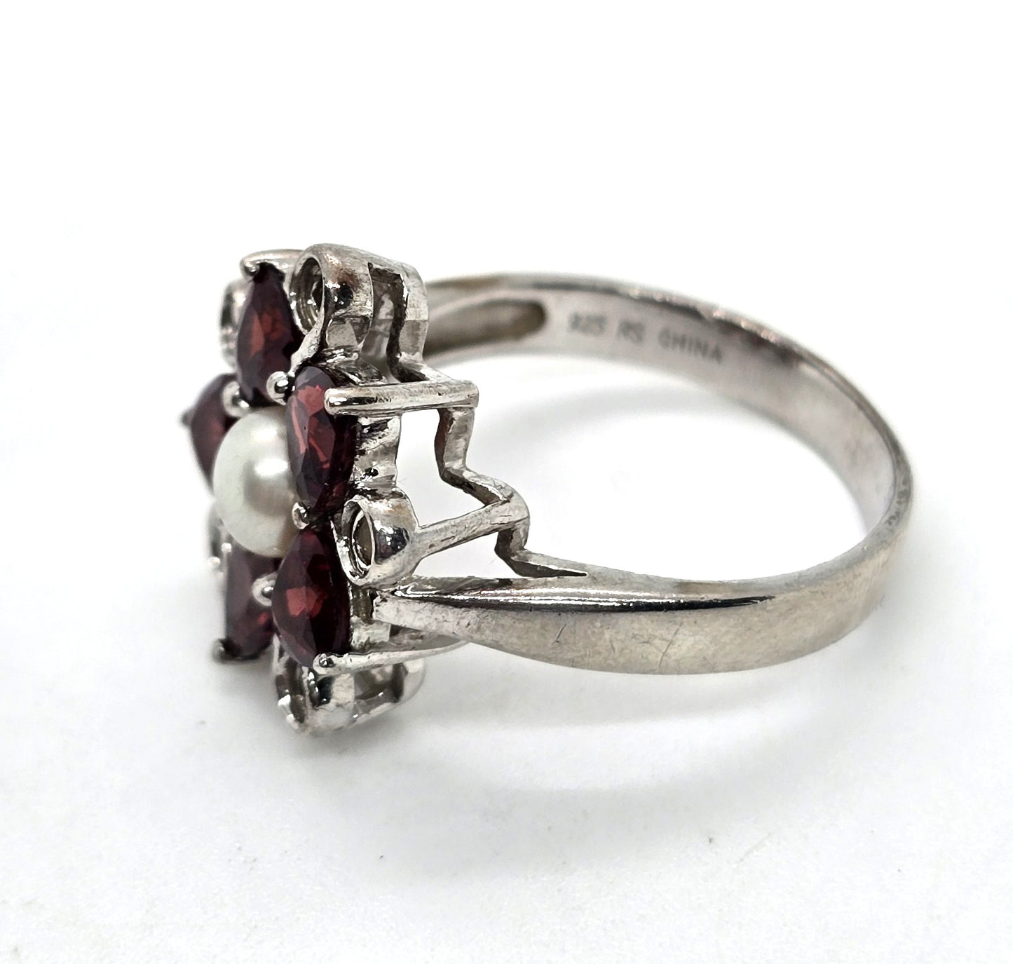 Ross Simmons Garnet red flower pearl Citrine vintage sterling silver ring size 10
