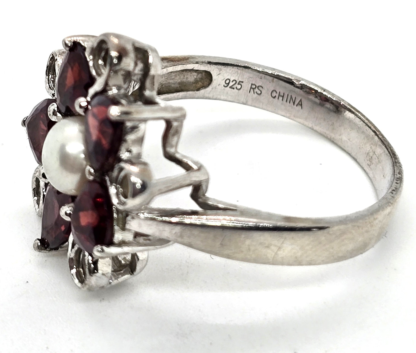 Ross Simmons Garnet red flower pearl Citrine vintage sterling silver ring size 10
