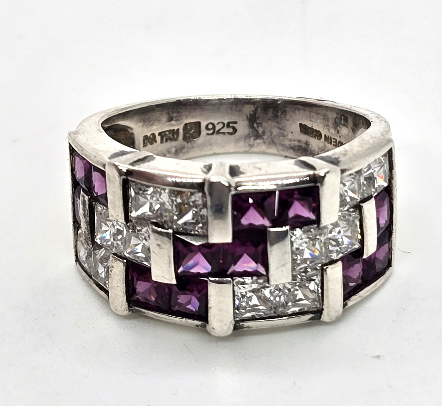 Rhodolite garnet Princess Cubic Zirconia DG TRU sterling silver ring size 8