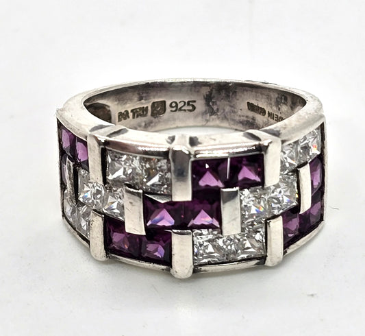 Rhodolite garnet Princess Cubic Zirconia DG TRU sterling silver ring size 8