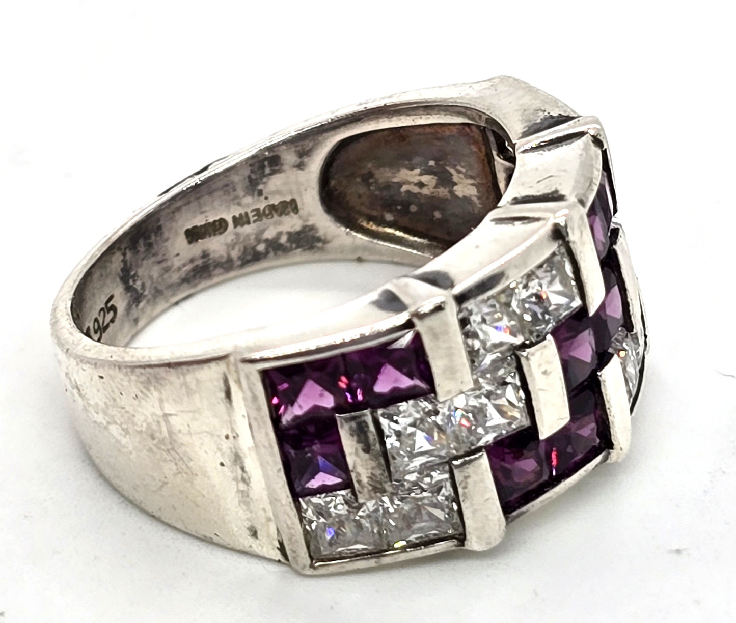 Rhodolite garnet Princess Cubic Zirconia DG TRU sterling silver ring size 8
