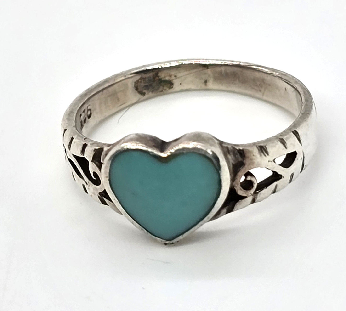 Block turquoise carved small heart vintage filigree Sterling Silver ring size 4