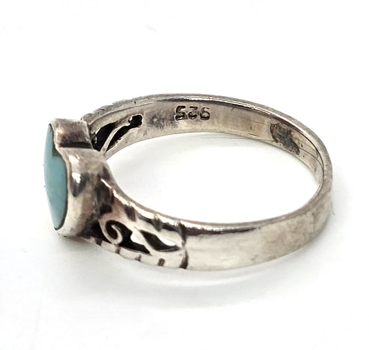 Block turquoise carved small heart vintage filigree Sterling Silver ring size 4