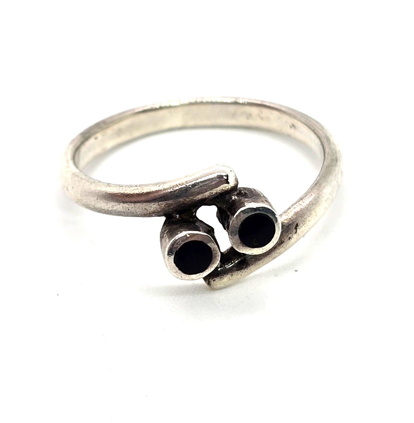 Black onyx double circle wave band retro vintage sterling silver ring size 7.5