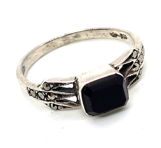 Black onyx marcasite retro vintage sterling silver ring size 7