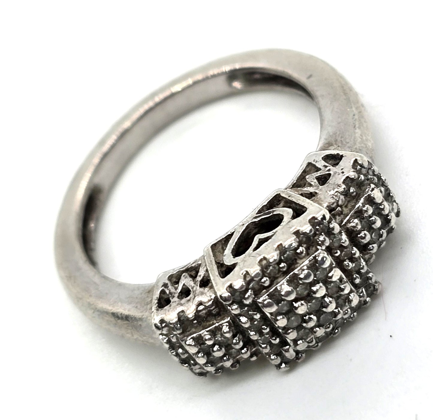 SUN diamond tiered box heart filigree ring vintage sterling silver size 6.5