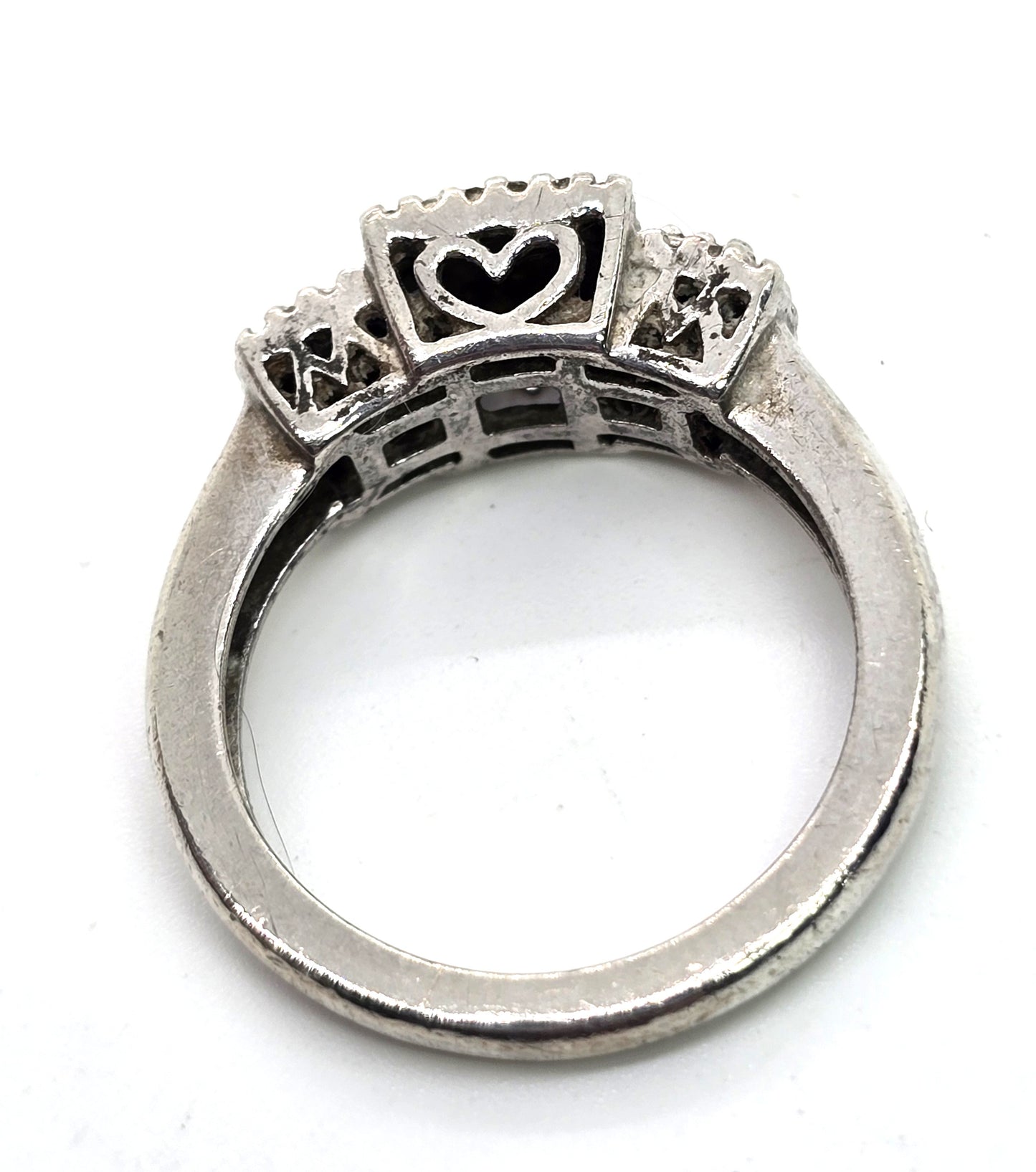 SUN diamond tiered box heart filigree ring vintage sterling silver size 6.5