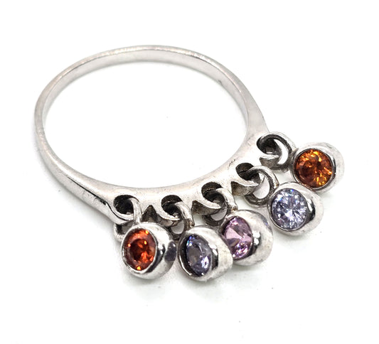 Multi gemstone Cubic zirconia dangle drop Sterling Silver ring size 9