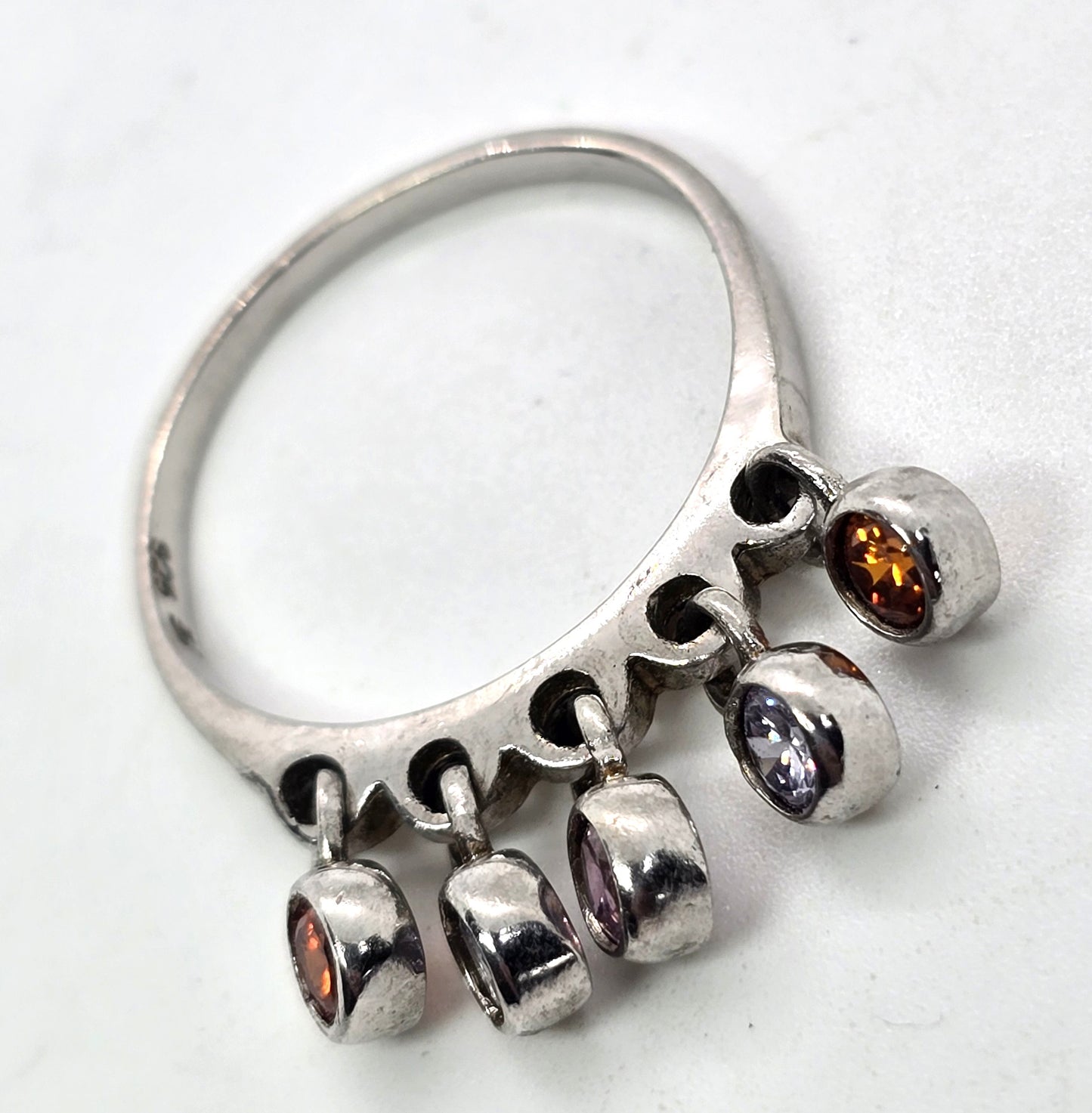 Multi gemstone Cubic zirconia dangle drop Sterling Silver ring size 9