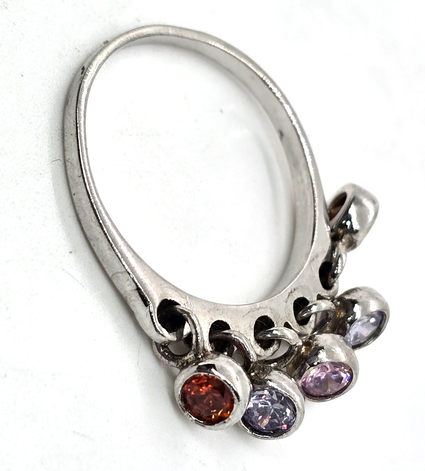 Multi gemstone Cubic zirconia dangle drop Sterling Silver ring size 9