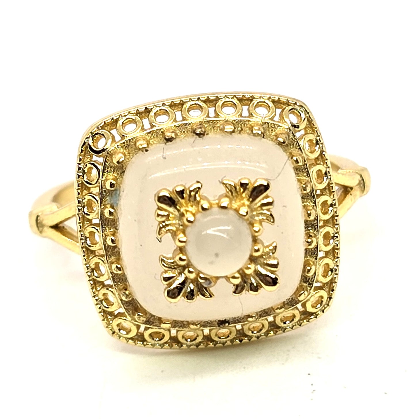 Camphor frosted glass vermeil gold over sterling silver ring size 6