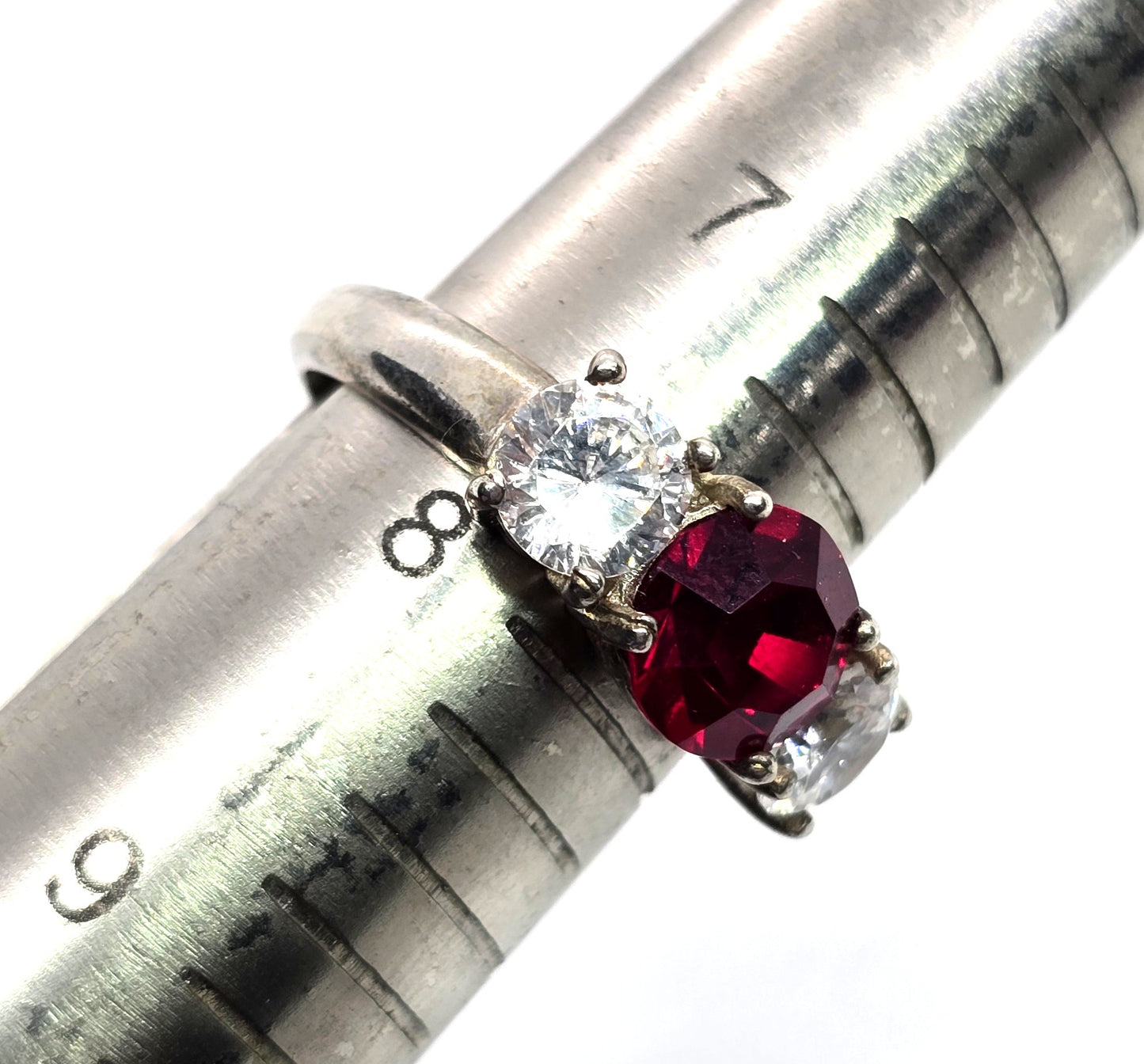 Three stone red CZ past present future cubic zirconia sterling silver ring size 8