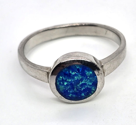 Retro lab blue fire opal modernist sterling silver vintage ring size 9