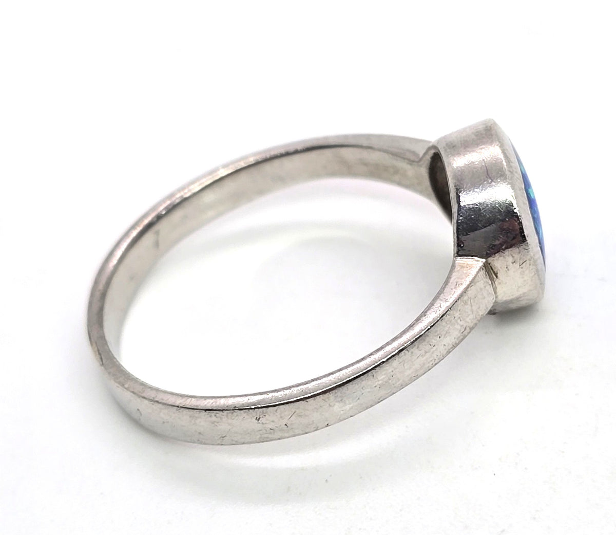 Retro lab blue fire opal modernist sterling silver vintage ring size 9