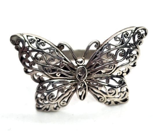 Butterfly filigree large boho sterling silver vintage ring size 7