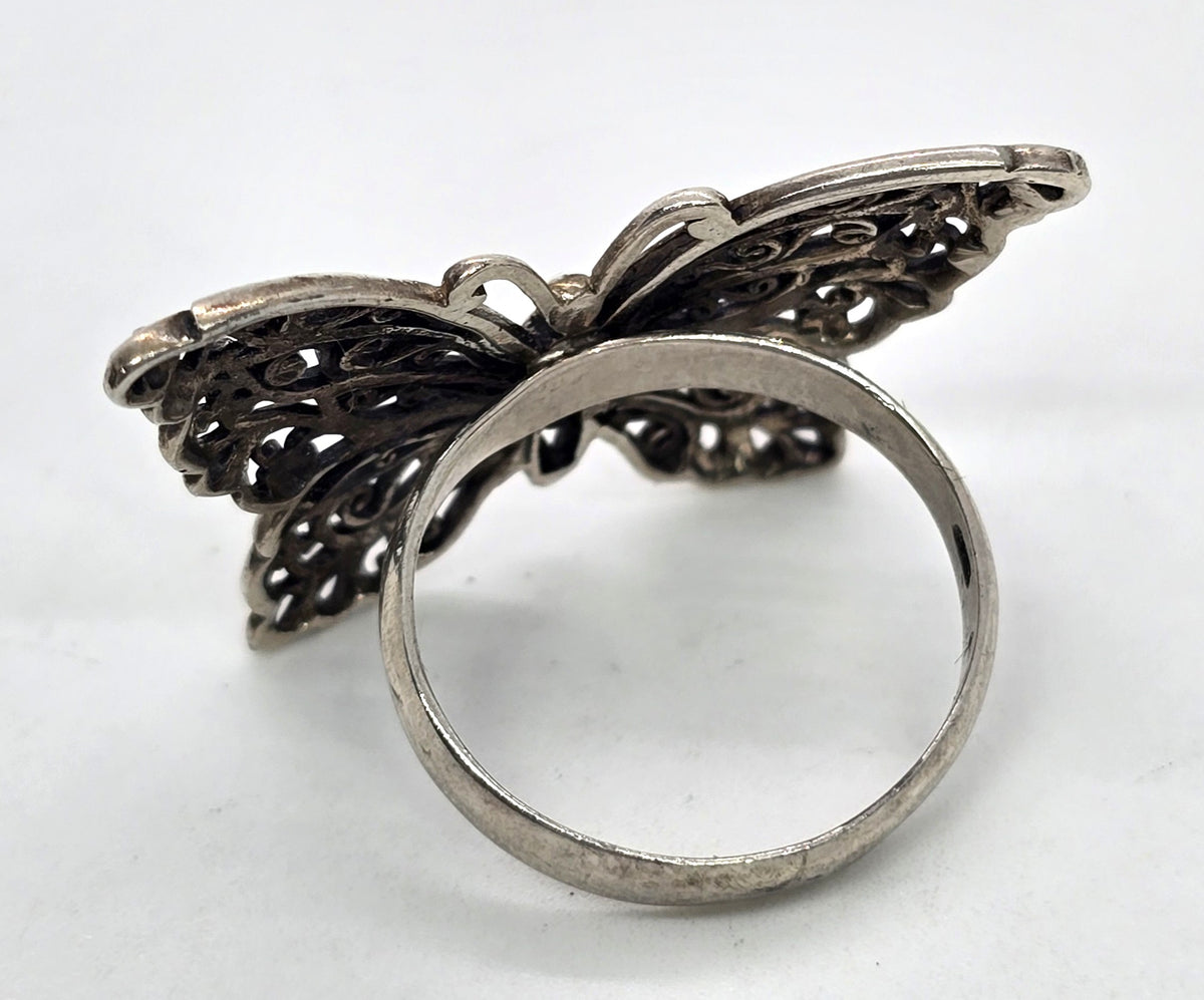 Butterfly filigree large boho sterling silver vintage ring size 7