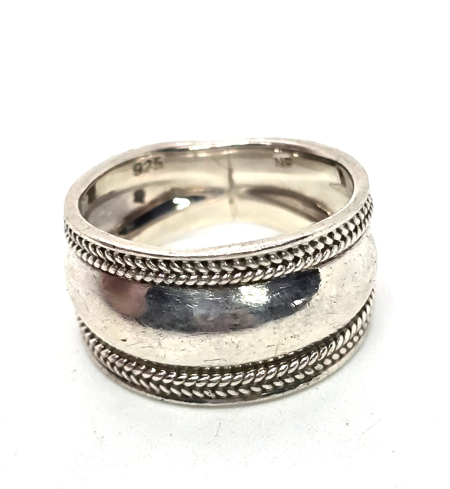 Cigar band herring bone thick bali sterling silver vintage ring size 7.5