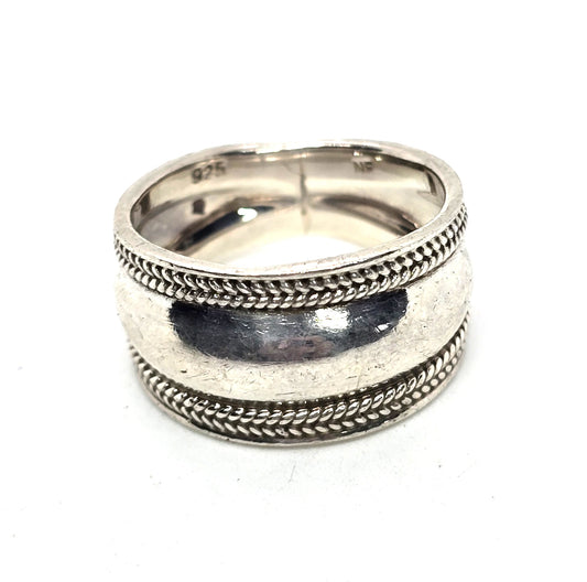 Cigar band herring bone thick bali sterling silver vintage ring size 7.5