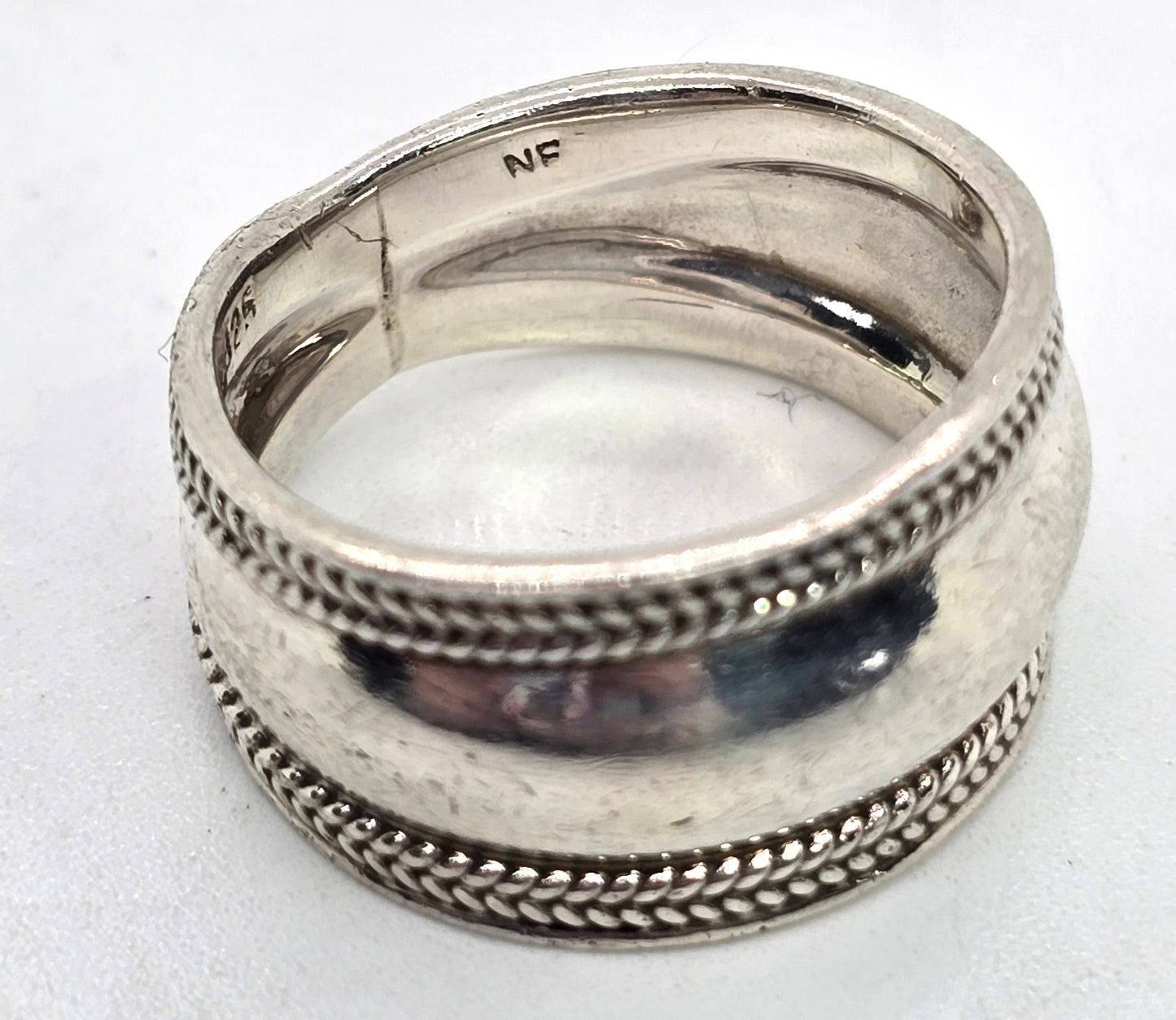Cigar band herring bone thick bali sterling silver vintage ring size 7.5