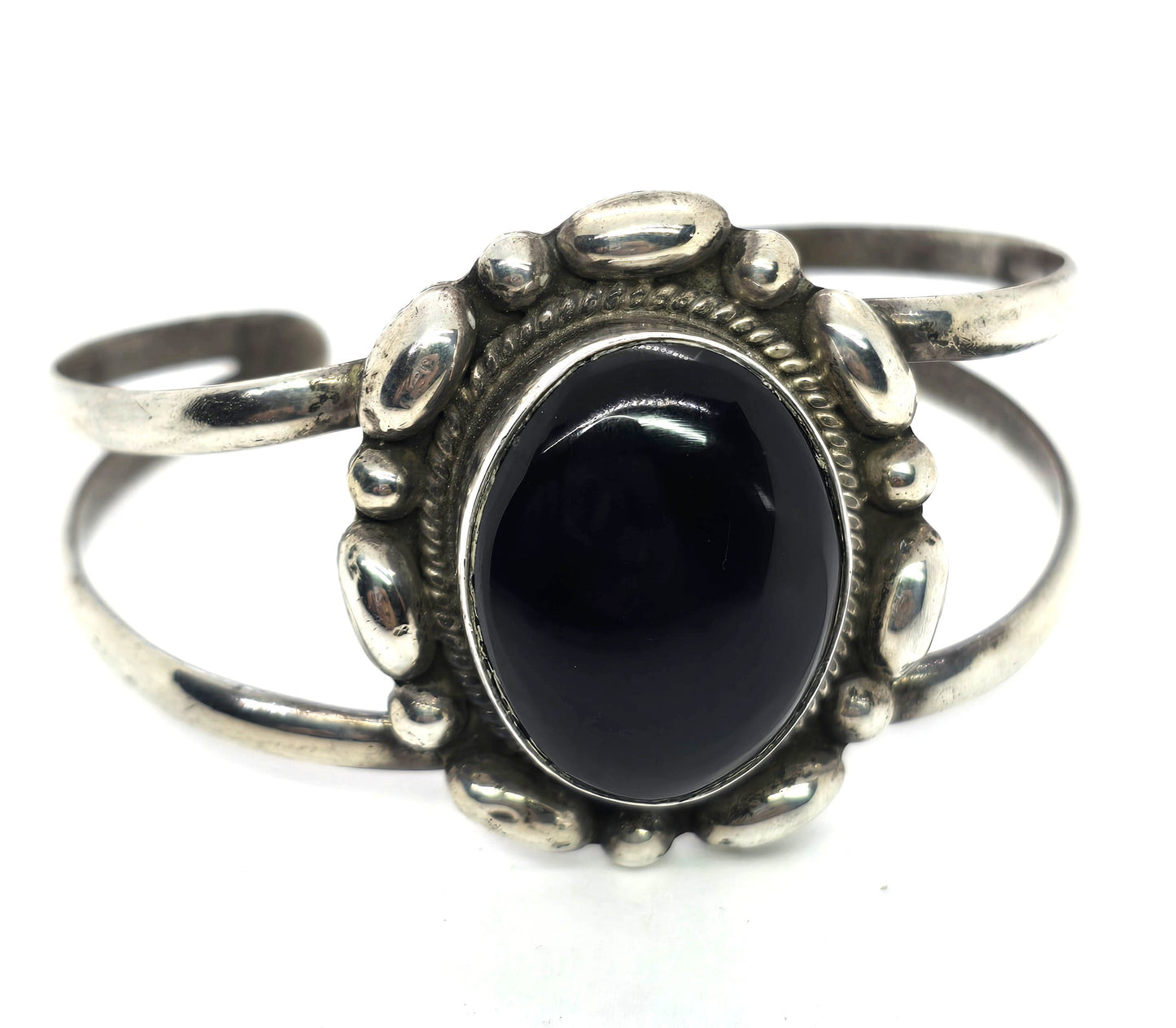 Mexican black onyx split shank vintage sterling silver cuff bracelet